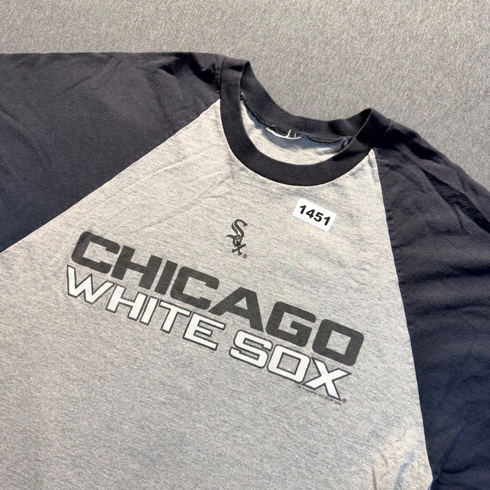 Vintage Chicago White Sox MLB Raglan Baseball T-Shirt Gray Black Mens L 2005